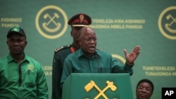 President John Magufuli speaks at the national congress of his ruling Chama cha Mapinduzi party in Dodoma, Tanzania, July 11, 2020. Magufuli is seeking reelection; opposition parties and rights groups want an independent body to oversee October's vote.