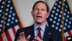 FILE - Sen. Richard Blumenthal of Connecticut speaks during a news conference on Capitol Hill, Feb. 1, 2022, in Washington.