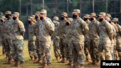 U.S. Army soldiers take part in the opening of the Garuda Shield Joint Exercise 2021 at the Indonesian Army Combat Training Center in Baturaja, South Sumatra province, Indonesia August 4, 2021.