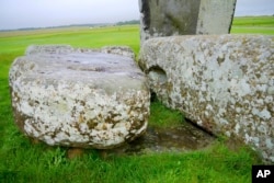 In this photo provided by researchers in August 2024, the Stonehenge altar stone lies beneath two sarsens in Wiltshire, England. (Nick Pearce/Aberystwyth University via AP)