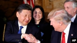 Presiden Donald Trump berjabat tangan dengan Presiden China Xi Jinping saat jamuan makan malam di Mar-a-Lago, Palm Beach, Florida, 6 April 2017. (AP Photo/Alex Brandon). 