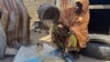 Mariam Hassan, who was displaced by flood shells cowpeas, as she sits outside her shelter in Banki, in Maiduguri, Nigeria October 30, 2024. 