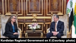 Konsula Giştî ya Amerîkayê li Hewlêr Wendy Green ligel Serokwezîrê Herêma Kurdistanê Mesrûr Barzanî, Hewlêr 13ê Cotmehê 2026.