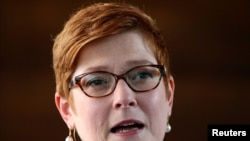 FILE - Australia's Foreign Minister Marise Payne speaks during a news conference at Australian Embassy in Bangkok, Jan. 10, 2019.