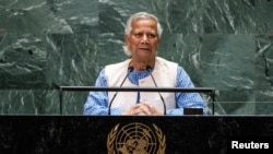 FILE - Muhammad Yunus, chief adviser of Bangladesh addresses the 79th United Nations General Assembly at U. headquarters in New York, Sept. 27, 2024. 