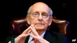 FILE - Supreme Court Justice Stephen Breyer listens during a forum at the French Cultural Center in Boston, Feb. 13, 2017.