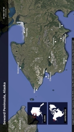 Map of Seward Peninsula on the western coast of the U.S. state of Alaska, a remnant of the Bering land bridge that once connected Alaska to Siberia.