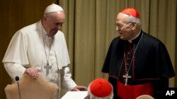 Pope Francis talks with Hungary's Cardinal Peter Erdo as he arrives for the morning session of the last day of the synod of bishops at the Vatican, Oct. 24, 2015.