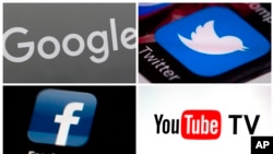 FILE - a combination photo shows, clockwise, from upper left: a Google logo, the Twitter icon, a YouTube TV logo and a Facebook icon. 