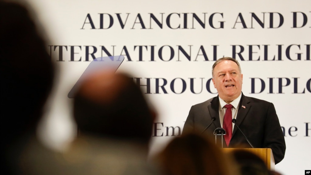 U.S. Secretary of State Mike Pompeo delivers his speech during the "Advancing and Defending International Religious Freedom Through Diplomacy" symposium, in Rome, Sept. 30, 2020.