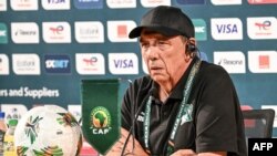 Ivory Coast's French coach Jean-Louis Gasset speaks during a press conference in Abidjan on January 12, 2024 on the eve of the 2024 Africa Cup of Nations match against Guinea-Bissau.