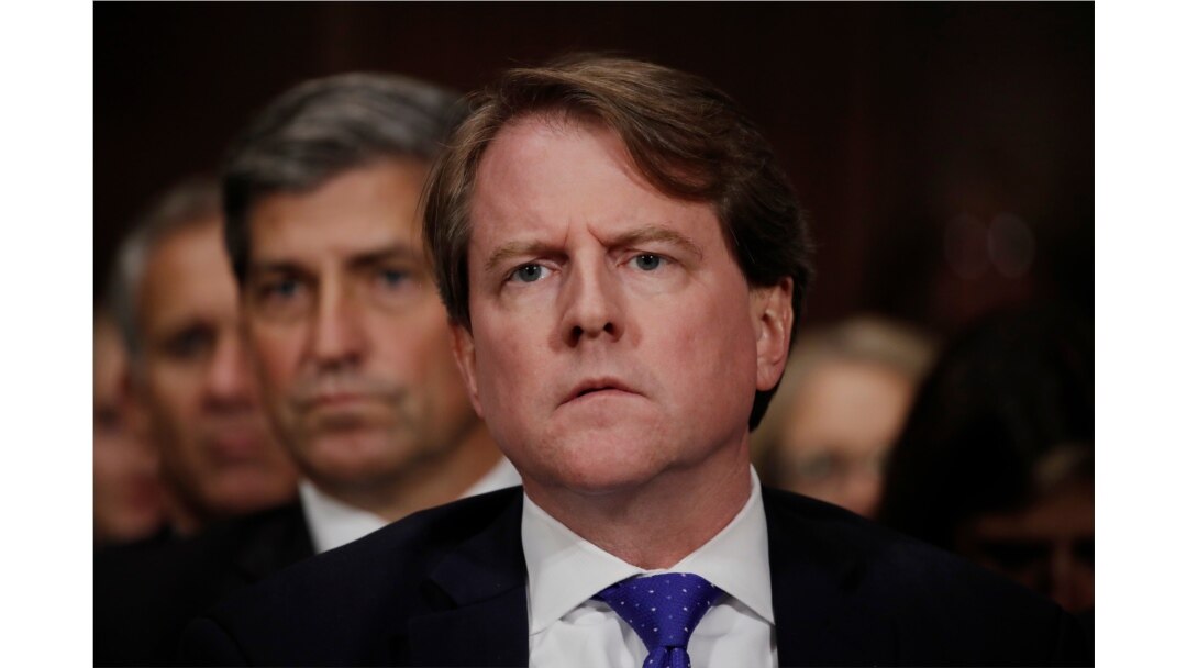 FILE - White House counsel Don McGahn listens during testimony before the Senate Judiciary Committee on Capitol Hill in Washington, Sept. 27, 2018.