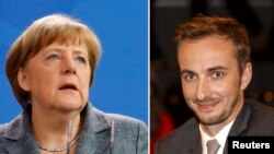 Kombinasi foto Kanselir Jerman Angela Merkel dan komedian Jerman Jan Boehmermann (R) yang mengolok-olok Presiden Turki Recep Tayyip Erdogan di TV Jerman (15/4).