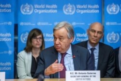FILE - U.N. Secretary General Antonio Guterres speaks about the coronavirus, at World Health Organization (WHO) headquarters, in Geneva, Switzerland, Feb. 24, 2020.