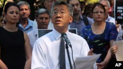 U.S ambassador to Albania Donald Lu speaks at a civil society rally in Tirana on July 19, 2016. 