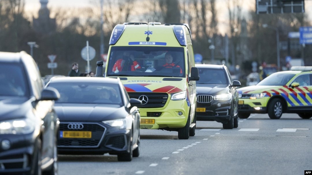 An ambulance leaves the Rotterdam The Hague Airport after the plane carrying former Philippine President Rodrigo Duterte landed, following his arrest on an International Criminal Court warrant tied to his deadly crackdown on drugs, on March 12, 2025. 