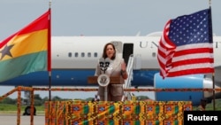 U.S. Vice President Kamala Harris delivers a speech as she arrives at the Kotoka International Airport to begin her trip to Ghana, Tanzania and Zambia, in Accra, Ghana, March 26, 2023.