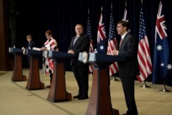 28일 워싱턴에서 미국-호주 2+2 고위급 회담이 열렸다. 오른쪽부터 미국의 마크 에스퍼 국방장관과 마이크 폼페오 국무장관, 호주의 머리스 페인 외무장관과 린다 레이놀즈 국방장관.