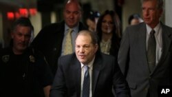 Harvey Weinstein arrives at a Manhattan courthouse for jury deliberations in his rape trial, Feb. 24, 2020, in New York. 