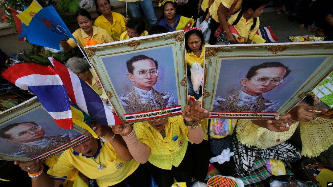 Người ủng hộ cầm chân dung của Quốc vương Thái Lan Bhumibol Adulyadej tại Bangkok. 