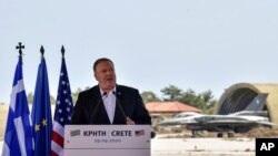 US Secretary of State Mike Pompeo delivers a speech during his visit at the Naval Support Activity base at Souda, on the Greek island of Crete, Tuesday, Sept. 29, 2020. Pompeo visited a U.S. naval base at Souda Bay on the southern Greek island of…