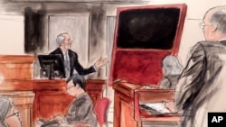 In this courtroom sketch Jan. 27, 2016, Domenico De Sole, a chairman of the board at Sotheby’s, gestures towards his fake Mark Rothko painting, at a civil trial in New York at Manhattan federal court.