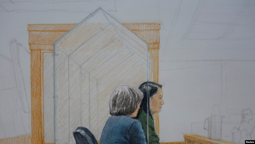 Sketsa persidangan dengan terdakwa Kepala Keuangan (CFO) Huawei Meng Wanzhou, yang ditangkap dengan surat penangkapan ekstradisi, di pengadilan Vancouver, British Columbia, Kanada, 7 Desember 2018. 