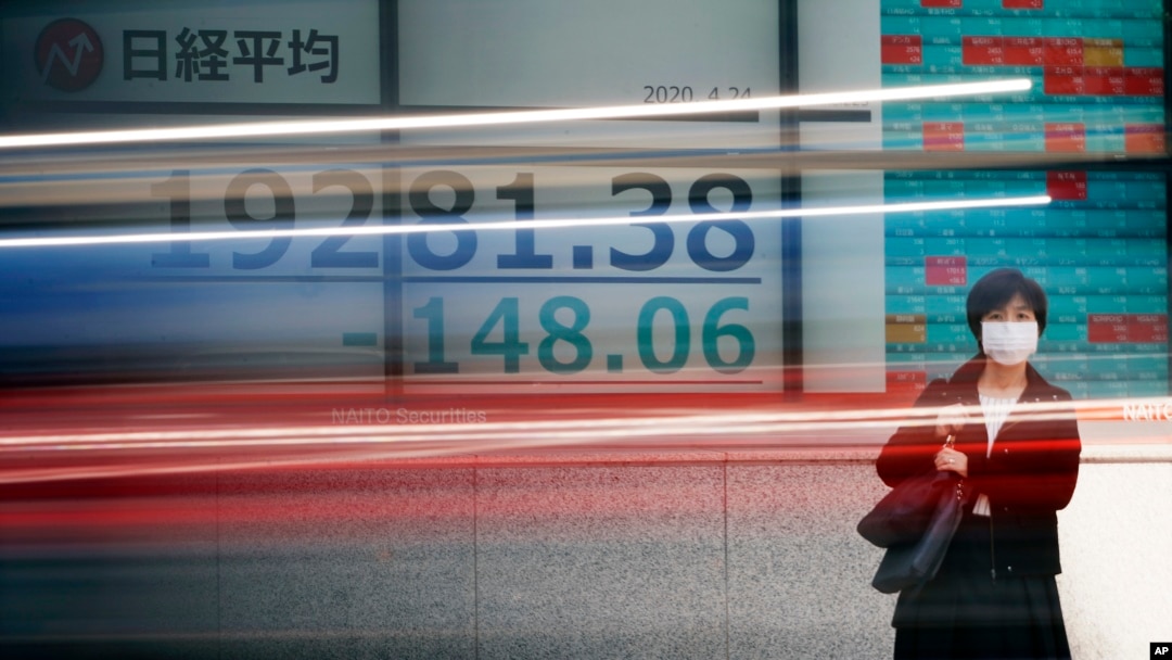 Seorang perempuan mengenakan masker untuk mencegah penularan virus corona, berdiri di depan papan elektronik berisi informasi perdagangan bursa Nikkei 225, di Tokyo, Jepang, 24 April 2020. (Foto: AP)