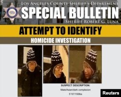 Tiga gambar yang diambil dari video pengawasan (CCTV), tampak seorang pria Asia yang diduga sebagai tersangka pelaku penembakan ditampilkan pada buletin yang dirilis Kepolisian Los Angeles County (22/1).