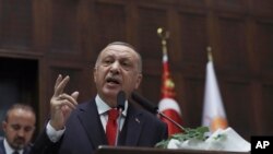 FILE - Turkey's President Recep Tayyip Erdogan addresses his ruling party's legislators, in Ankara, Jan. 14, 2020.