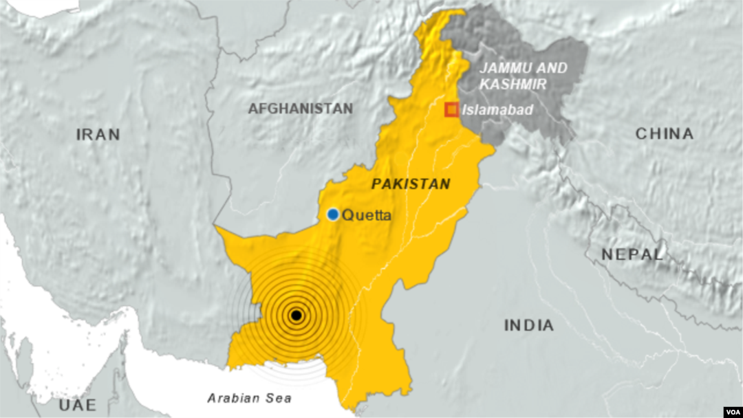 Bản đồ khu vực xảy ra động đất tại tây nam Pakistan, ngày 24/9/2013.