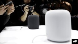 The HomePod speaker is photographed in a a showroom during an announcement of new products at the Apple Worldwide Developers Conference, June 5, 2017, in San Jose , California.