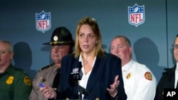 NFL Chief Security Officer Cathy Lanier answers a question during a security news conference for the NFL Super Bowl 54 football game in Miami, Jan. 29, 2020.