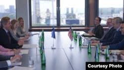 U.S. Special Representative for Iran Brian Hook and his delegation, seated right, meet Estonian officials at the Estonian foreign ministry in Tallinn, July 28, 2020. (Estonian Foreign Ministry)