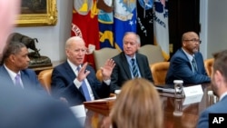 President Joe Biden speaks while meeting with union and business leaders to discuss the Bipartisan Infrastructure Framework, in the White House in Washington, July 22, 2021.