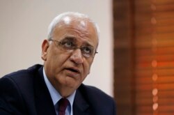 FILE - Palestinian chief negotiator Saeb Erekat speaks during an interview with Reuters in Ramallah, Aug. 11, 2013.