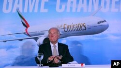 Emirates President Tim Clark speaks to the journalists during a press conference at the opening day of the Dubai Air Show, United Arab Emirates, Nov. 12, 2017. 