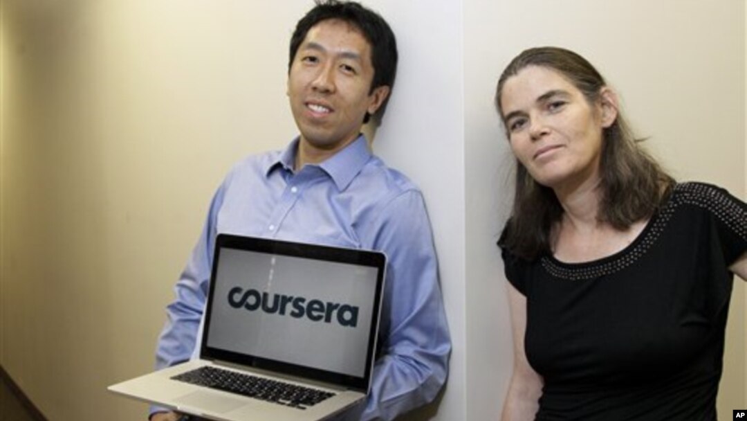 Andrew Ng dan Daphne Koller, para profesor ilmu komputer dari Stanford University yang menggagas Coursera. (AP/Jeff Chiu)