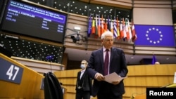 European High Representative of the Union for Foreign Affairs and Security Policy, Josep Borrell attends a debate folllowing his visit to Russia, during a plenary session of the European Parliament in Brussels, Belgium, Feb. 9, 2021.