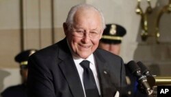 FILE - former House Minority Leader Bob Michel speaks on Capitol Hill in Washington. 