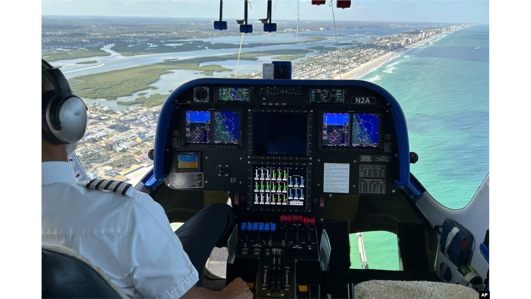 The cockpit of the Goodyear Blimp is scene during a flight, Wednesday, Feb. 12, 2025, in Daytona Beach, Fla.