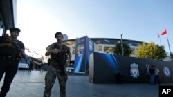 FILE - Turkish police officers provide security outside Besiktas Park in Istanbul, Aug. 12, 2019. 