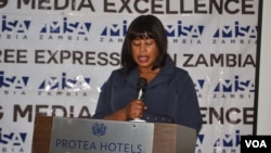 Loraine Mwanza, chairperson of the Media Institute of Southern Africa (MISA), speaks at the launch of the USAID-Funded MISA Freedom of Expression Report at the Protea Hotel in Lusaka, Dec. 17, 2024. (Kathy Short for VOA)