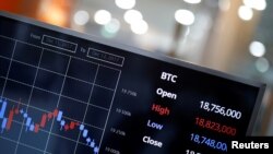 Papan elektronik menunjukkan nilai tukar antara mata uang Korea Selatan Won dan Bitcoin di sebuah pedagang valuta maya di Seoul, Korea Selatan, 13 Desember 2017.