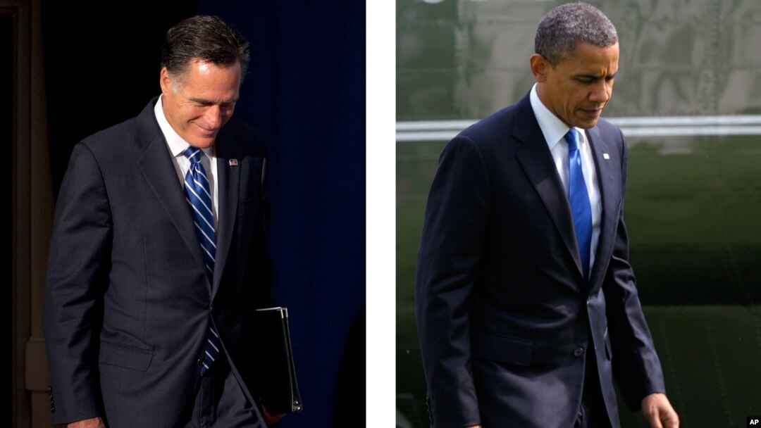 Ông Mitt Romney (trái) đến vận động tranh cử tại Springfield, Virginia, và Tổng thống Barack Obama về đến Tòa Bạch Ốc sau khi đi vận động tại Virginia Beach, Virginia (ảnh tư liệu)