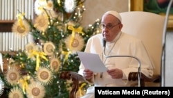 Pope Francis holds the weekly general meeting at the Vatican on December 16, 2020. Vatican Media/Handout via REUTERS