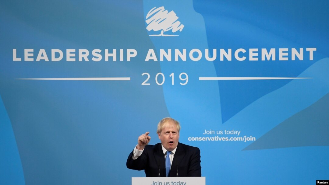 Boris Johnson memberikan sambutan setelah diumumkan sebagai PM Inggris berikutnya di The Queen Elizabeth II Center, London, Inggris, 23 Juli 2019.