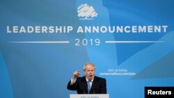 Boris Johnson memberikan sambutan setelah diumumkan sebagai PM Inggris berikutnya di The Queen Elizabeth II Center, London, Inggris, 23 Juli 2019.