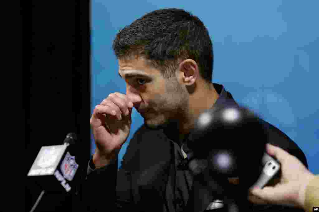 San Francisco 49ers quarterback Jimmy Garoppolo speaks during a news conference after the NFL Super Bowl 54 football game against the Kansas City Chiefs, Feb. 2, 2020, in Miami Gardens, Fla.