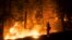 A firefighting crew watches a back fire after sunset on the Rim Fire near Buck Meadows, California, Aug. 22, 2013.